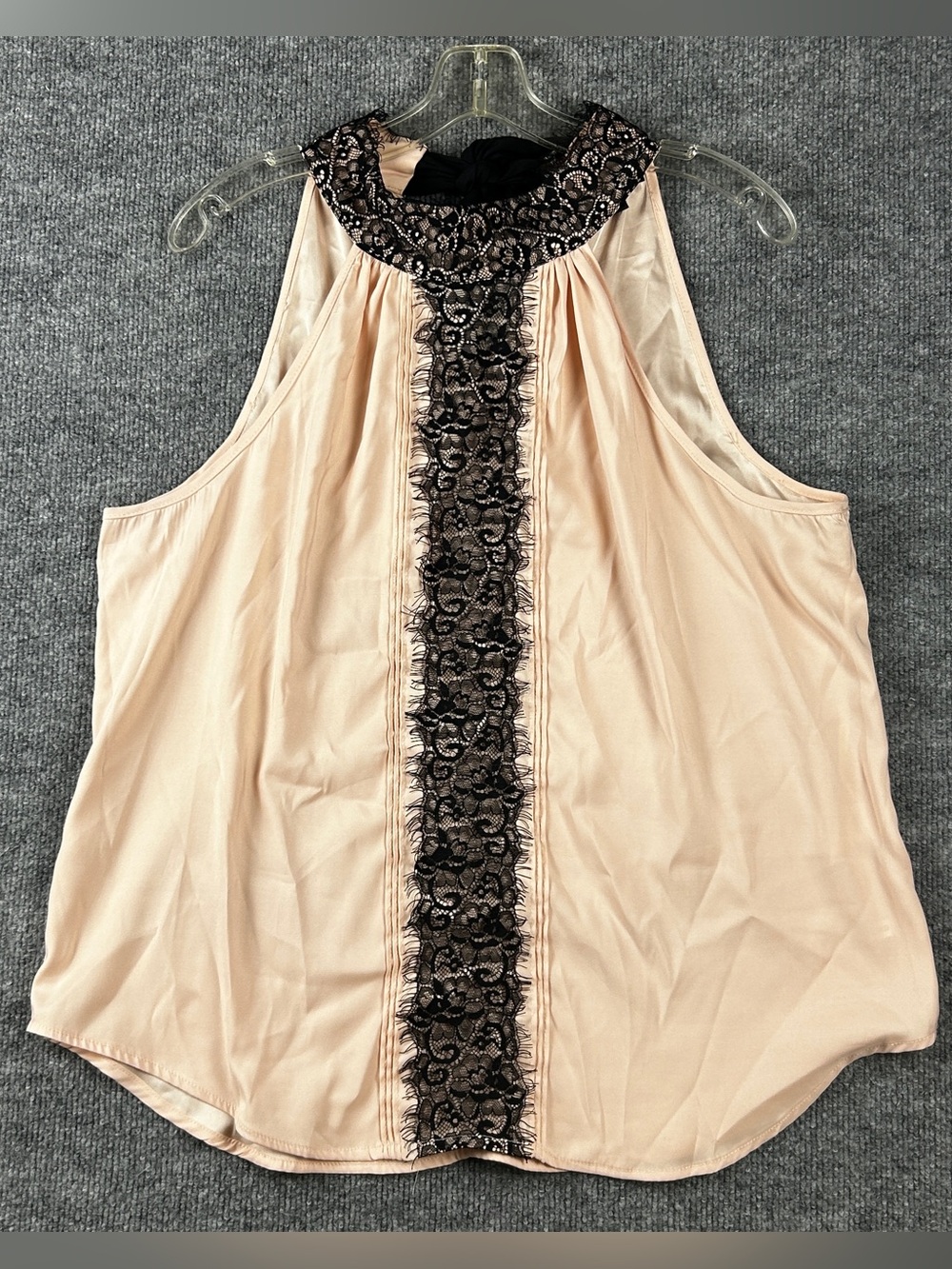 7th Avenue NY&C Blush Pink Black Eyelash Lace Halter Bow Tie Blouse Size Large L